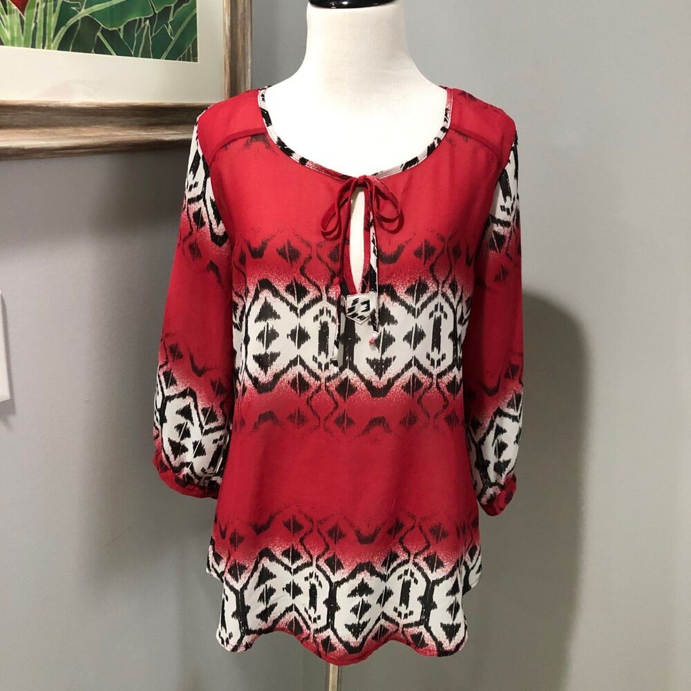 Women's Soulmates Red, Black, White Sheer 3/4 Sleeve Blouse Top Shirt Size Mediu